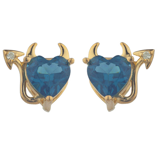 London Blue Topaz & Diamond Devil Heart Stud Earrings 14Kt Yellow Gold Plated