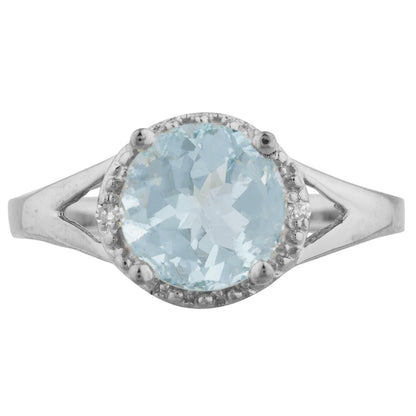 14Kt Gold 2 Ct Genuine Aquamarine & Diamond Halo Design Round Ring