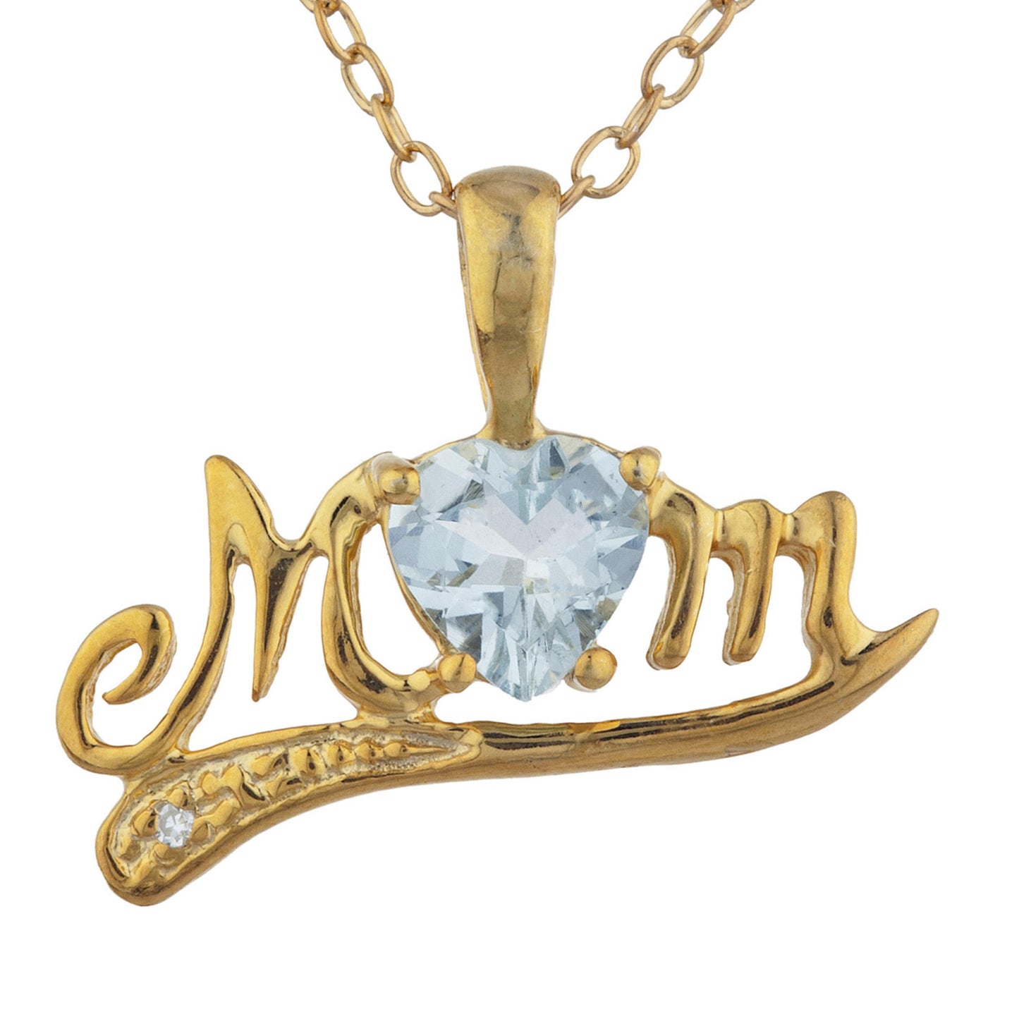 14Kt Yellow Gold Plated Genuine Aquamarine & Diamond Heart Mom Pendant