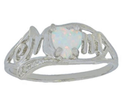 Opal & Diamond Heart Mom Ring .925 Sterling Silver