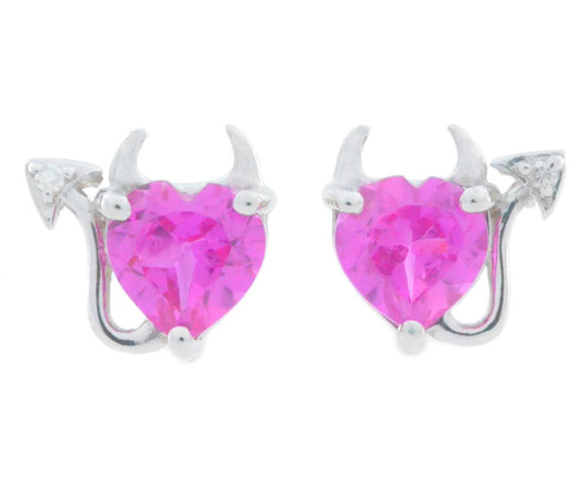 Pink Sapphire & Diamond Devil Heart Stud Earrings .925 Sterling Silver