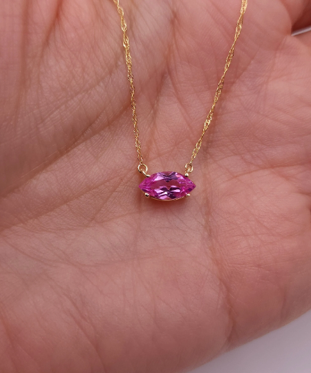 14Kt Gold Pink Sapphire Marquise Pendant Necklace