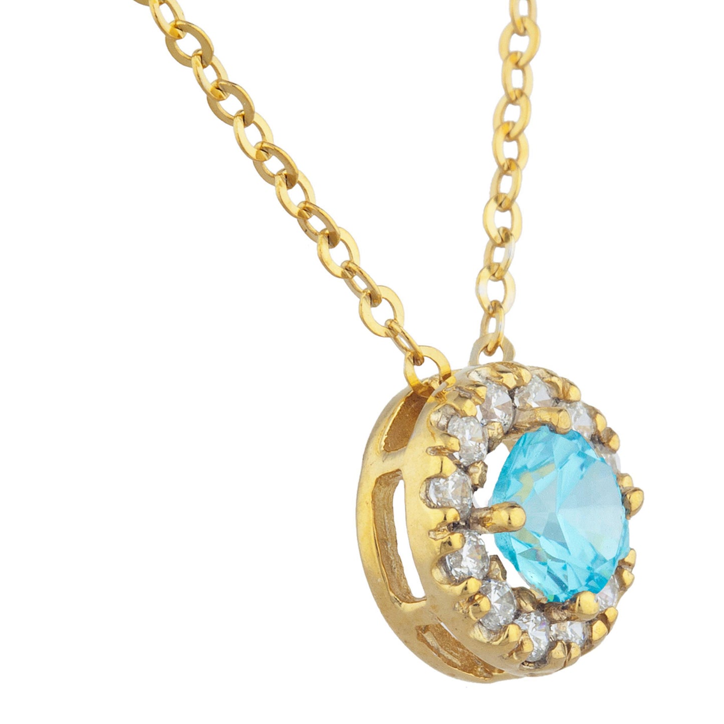 14Kt Gold 0.50 Ct Swiss Blue Topaz Halo Design Pendant Necklace