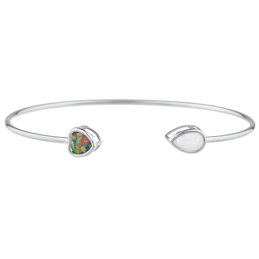 Black Opal Heart & White Opal Pear Bezel Bangle Bracelet .925 Sterling Silver Rhodium Finish