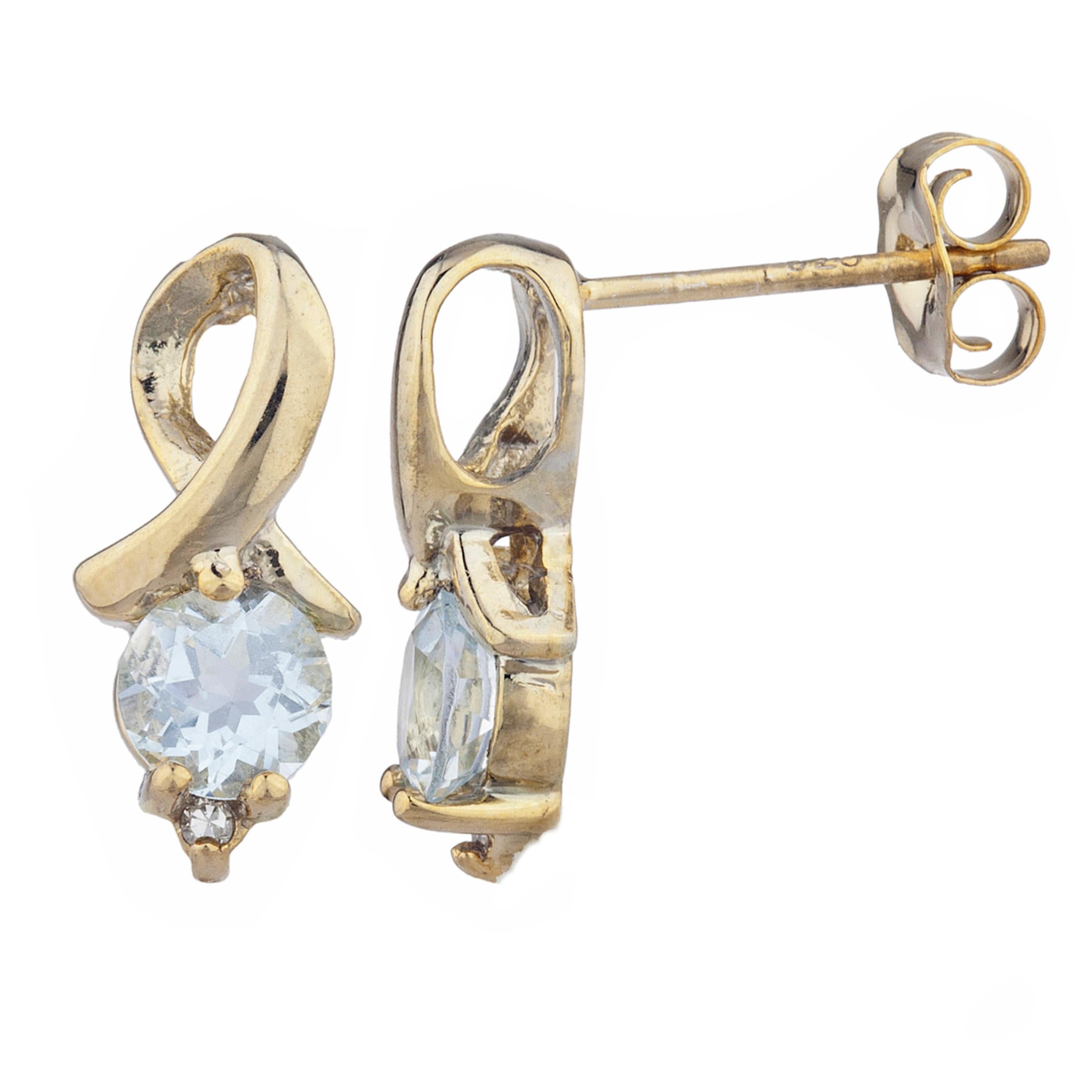 14Kt Gold Aquamarine & Diamond Round Design Stud Earrings