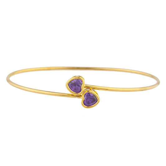 14Kt Yellow Gold Plated Amethyst Heart Bezel Bangle Bracelet