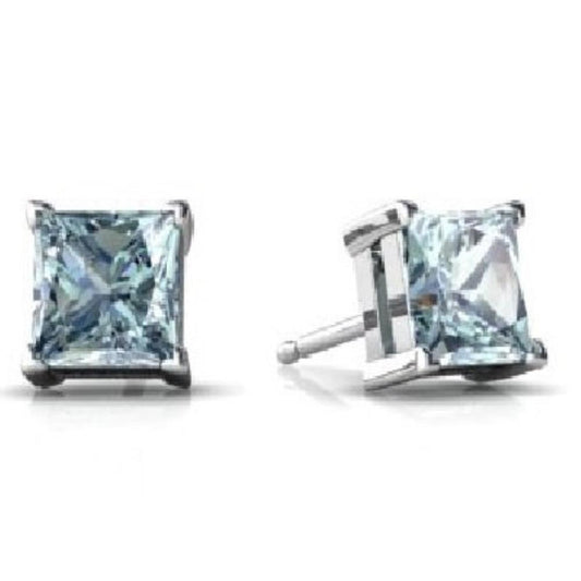 2 Ct Genuine Aquamarine Princess Cut Stud Earrings .925 Sterling Silver