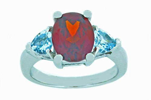 4 Ct Garnet Oval & Genuine Aquamarine Heart Ring .925 Sterling Silver Rhodium Finish