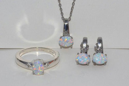 7x5mm Opal Oval Diamond Stud Earrings Pendant Ring Set .925 Sterling Silver Rhodium Finish