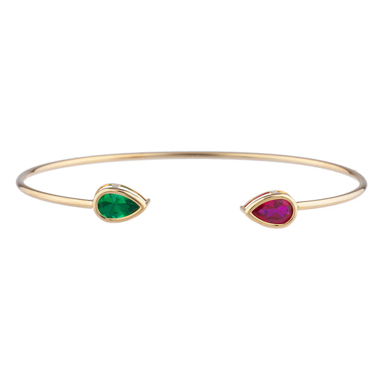 14Kt Gold Created Ruby & Emerald Pear Bezel Bangle Bracelet