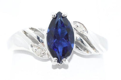 1 Ct Created Blue Sapphire & Diamond Marquise Ring .925 Sterling Silver Rhodium Finish