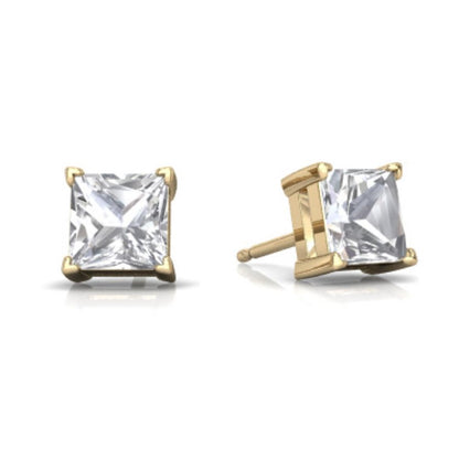 14Kt Yellow Gold White Sapphire Princess Cut Stud Earrings