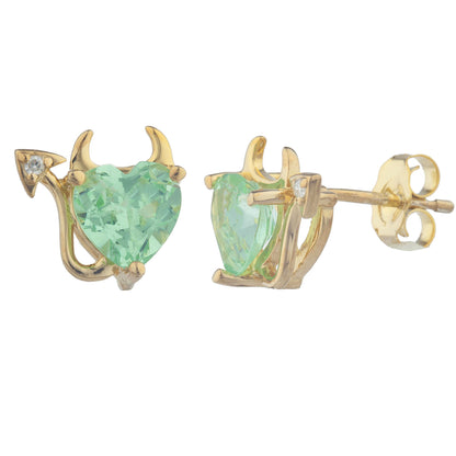 14Kt Gold Green Sapphire & Diamond Devil Heart Stud Earrings