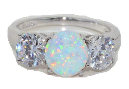 8mm Opal & Zirconia Round Ring .925 Sterling Silver Rhodium Finish