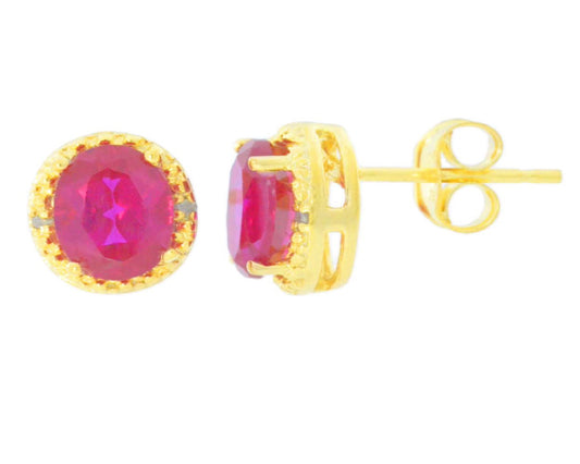 2 Ct Ruby & Diamond Round Stud Earrings 14Kt Yellow Gold Plated