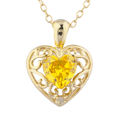 14Kt Yellow Gold Plated Yellow Citrine & Diamond Love Design Heart Pendant