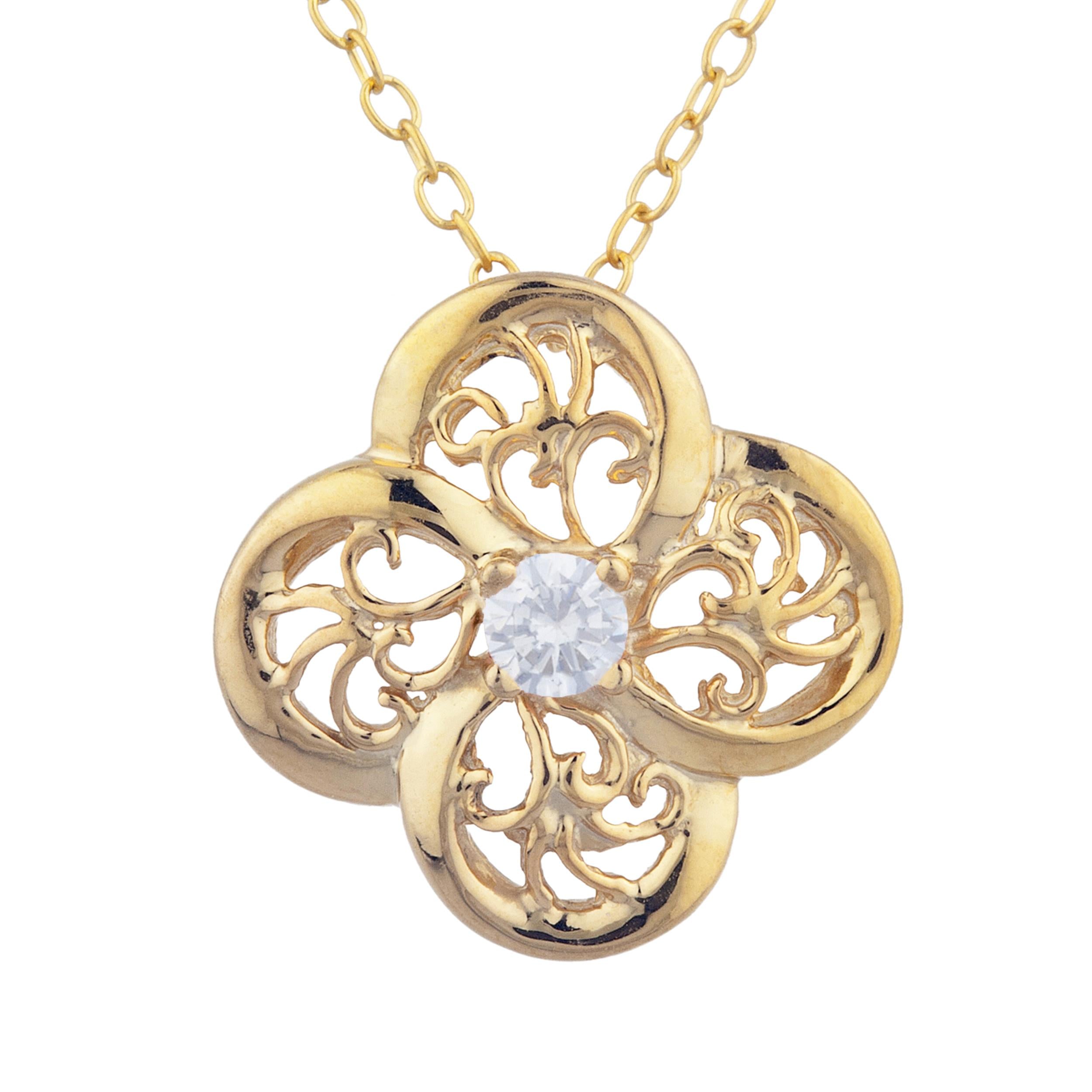 14Kt Gold White Sapphire Clover Design Pendant Necklace