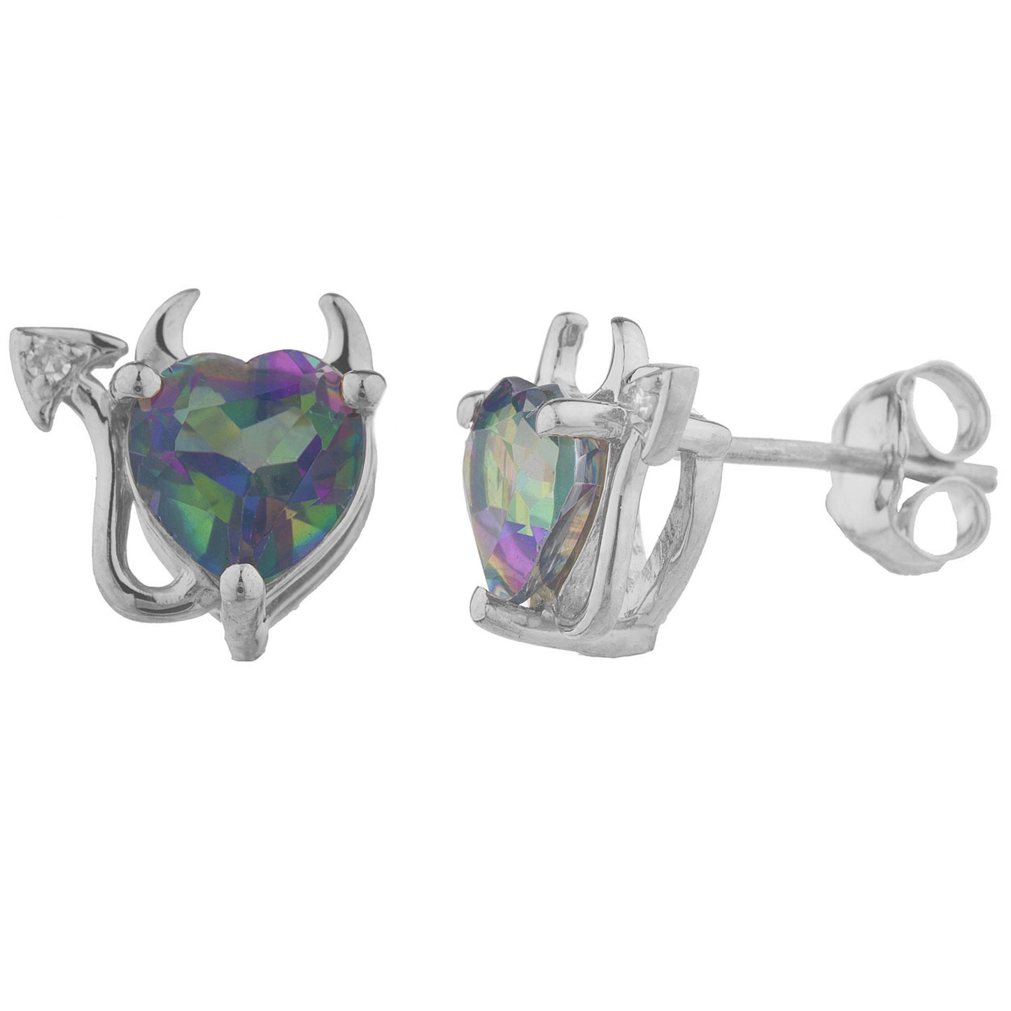 Natural Mystic Topaz & Diamond Devil Heart Stud Earrings .925 Sterling Silver