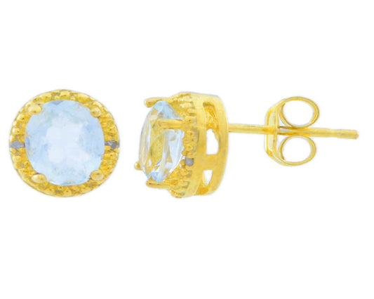 1.5 Ct Genuine Aquamarine & Diamond Round Stud Earrings 14Kt Yellow Gold Plated