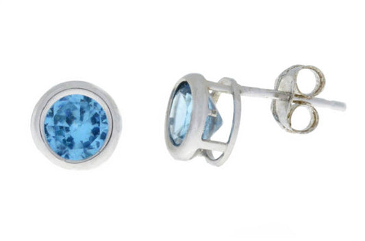 14Kt White Gold Blue Topaz Round Bezel Stud Earrings