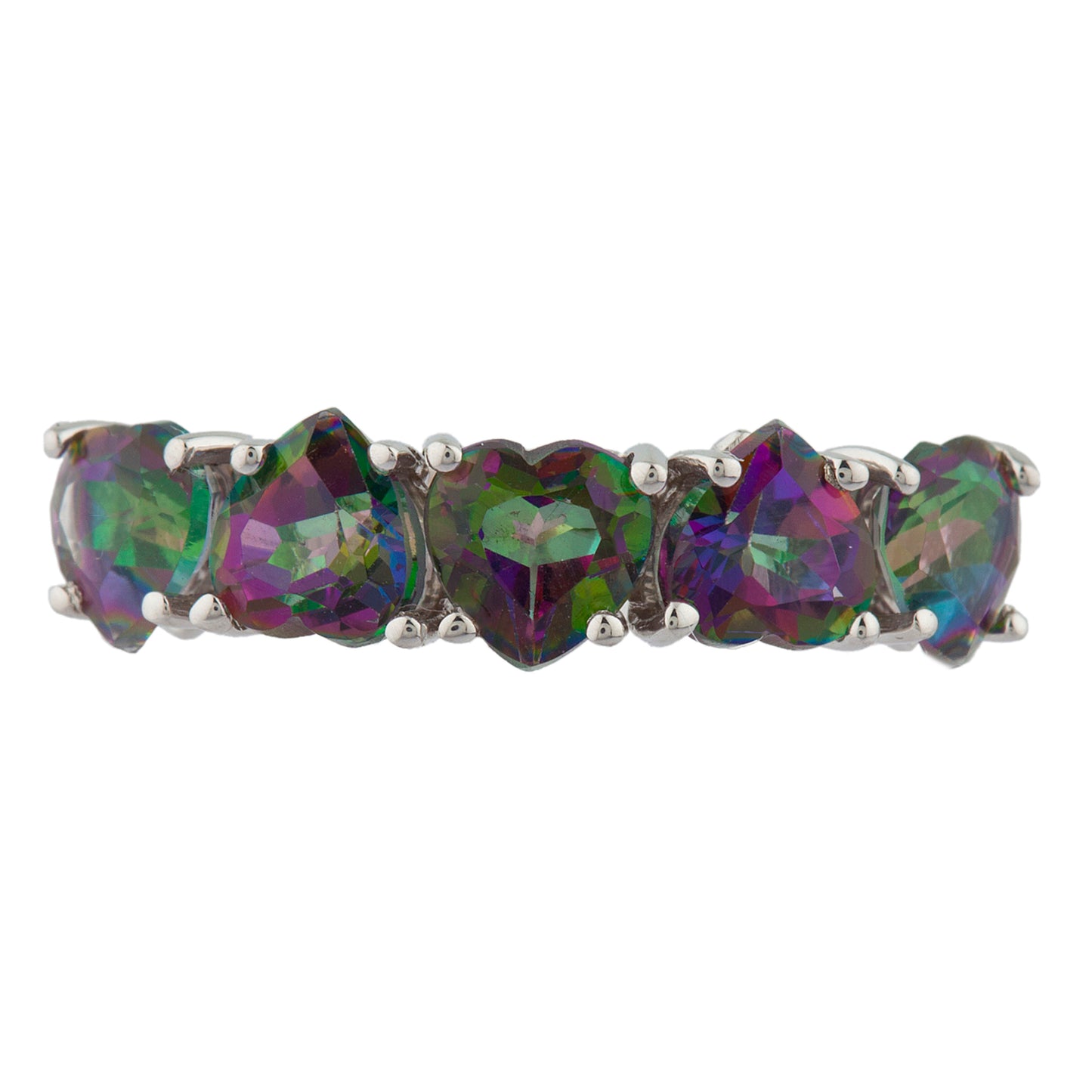 5 Hearts Genuine Mystic Topaz Heart Ring .925 Sterling Silver Rhodium Finish