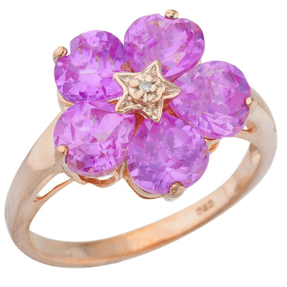 14Kt Gold Pink Sapphire & Diamond Heart Flower Design Ring