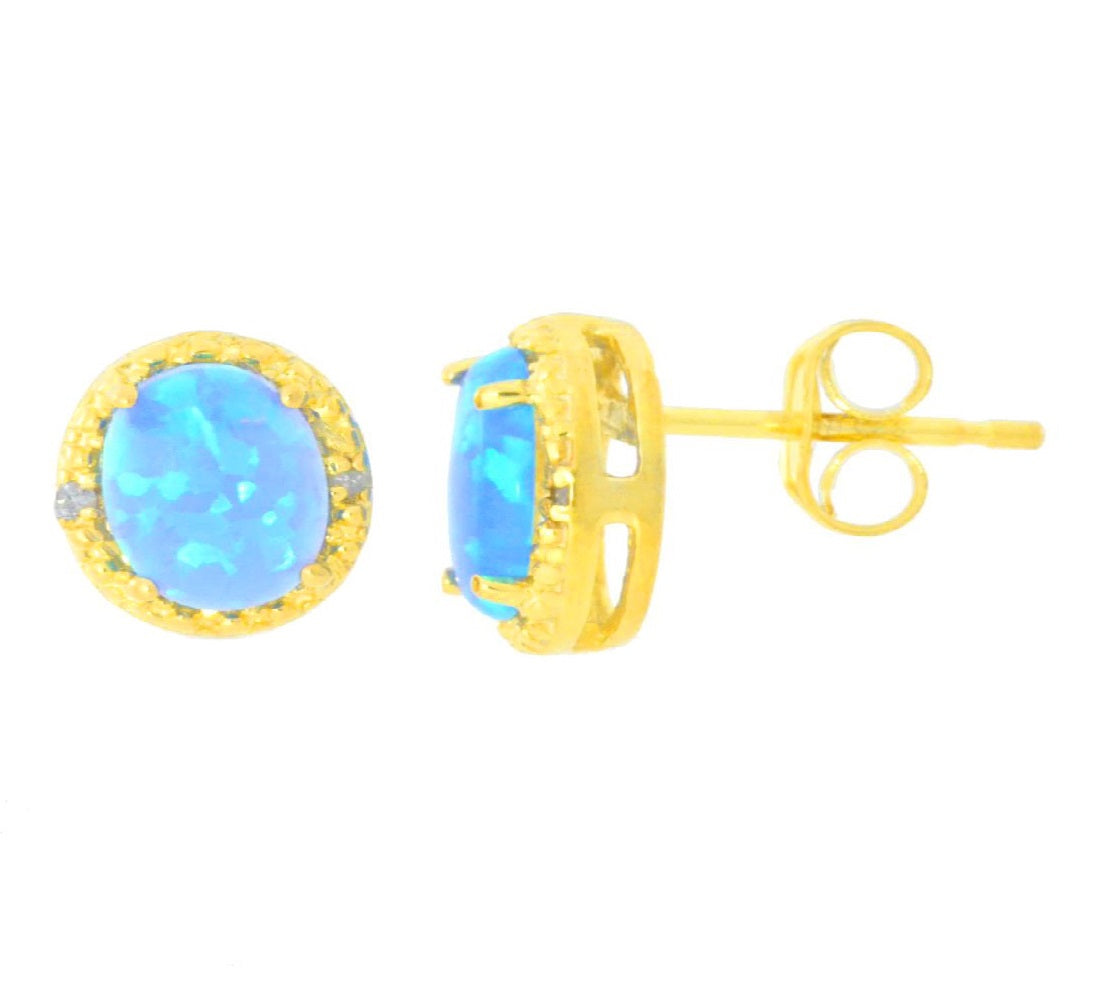 Blue Opal & Diamond Round Stud Earrings 14Kt Yellow Gold