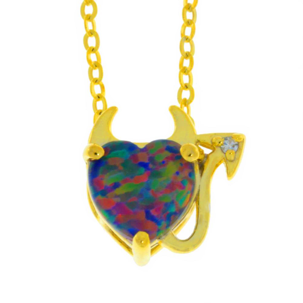 14Kt Yellow Gold Plated Black Opal & Diamond Devil Heart Pendant