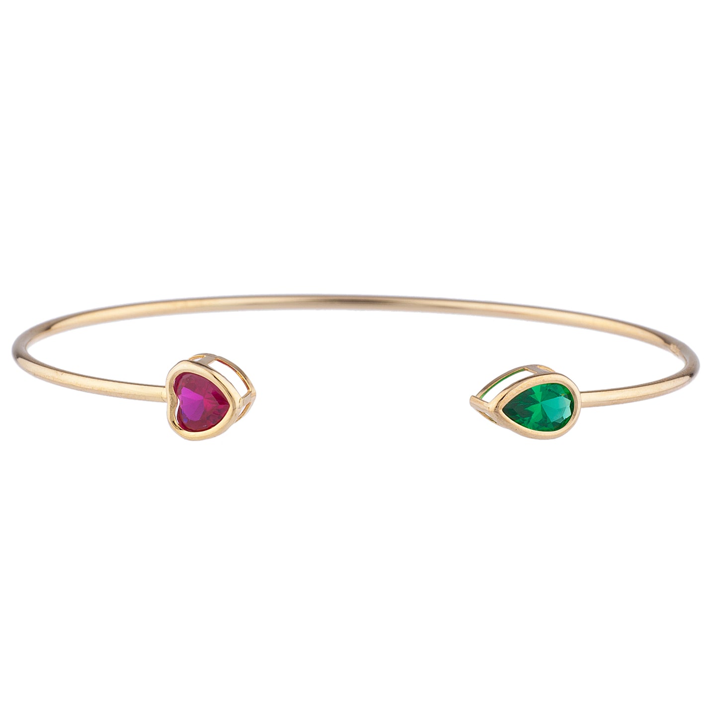 Created Ruby Heart & Emerald Pear Bezel Bangle Bracelet 14Kt Yellow Gold Plated Over .925 Sterling Silver