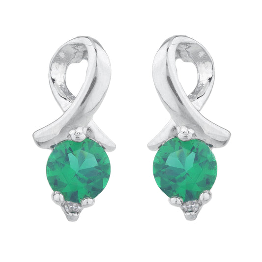 1 Ct Emerald & Diamond Round Design Stud Earrings 14Kt White Gold