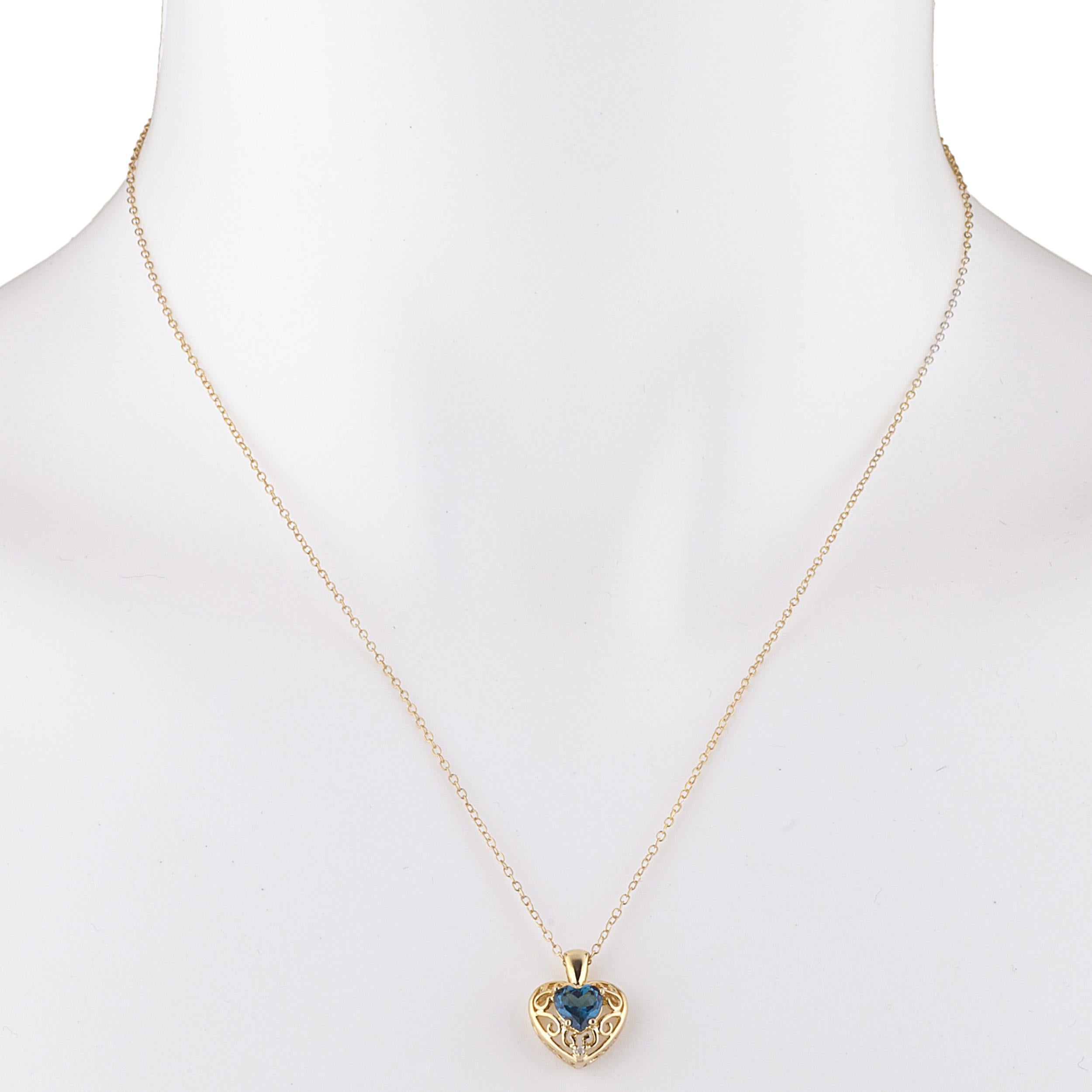 14Kt Gold London Blue Topaz & Diamond Heart LOVE ENGRAVED Pendant Necklace