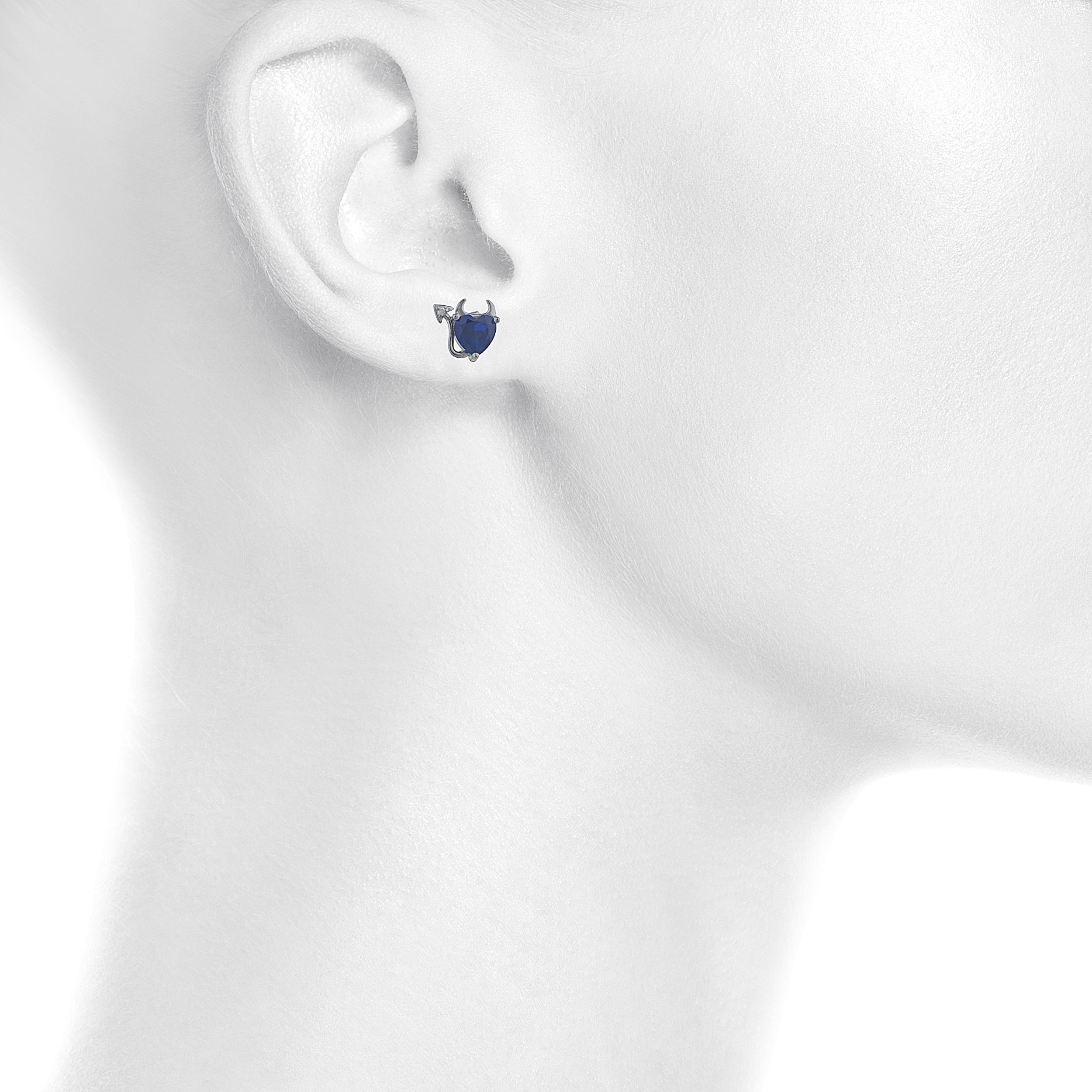 14Kt Gold Blue Sapphire & Diamond Devil Heart Stud Earrings