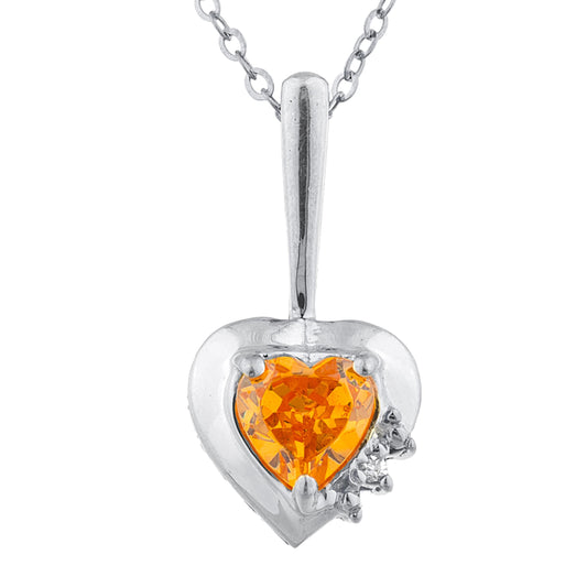 Orange Citrine & Diamond Heart Pendant .925 Sterling Silver