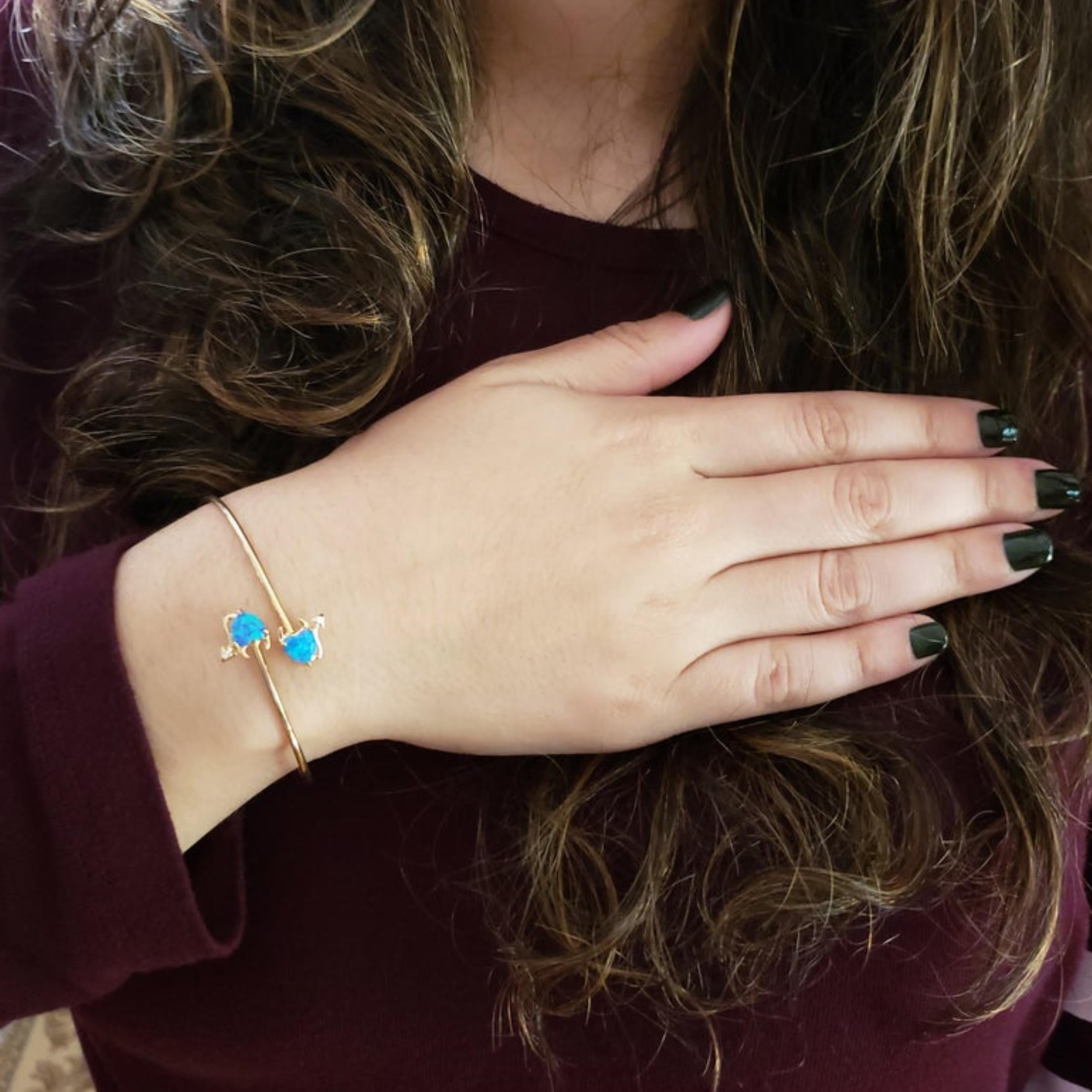 14Kt Gold Blue Opal & Diamond Devil Heart Bangle Bracelet