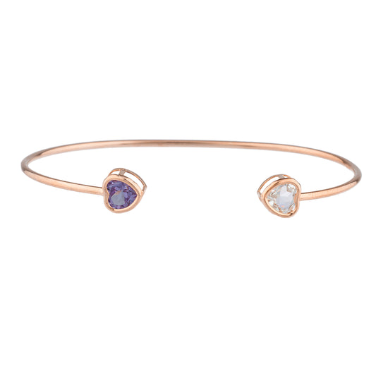 Aquamarine & Amethyst Heart Bezel Bangle Bracelet 14Kt Rose Gold Plated Over .925 Sterling Silver