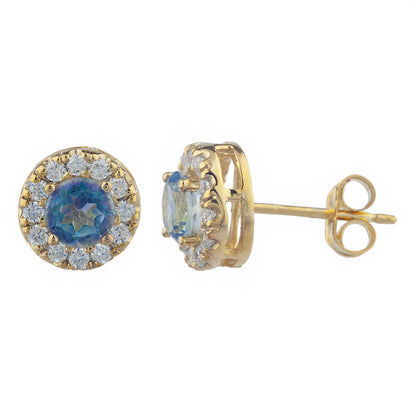 14Kt Gold 1 Ct Natural Blue Mystic Topaz Halo Design Stud Earrings