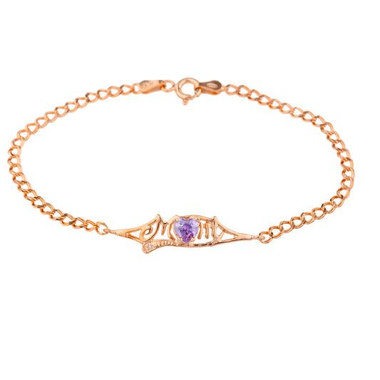 Amethyst & Diamond Heart Mom Bracelet 14Kt Rose Gold Plated Over .925 Sterling Silver