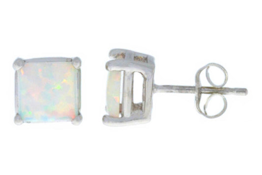 14Kt White Gold Opal Princess Cut Stud Earrings