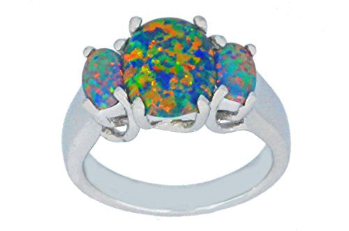 10x8mm Black Opal Oval Ring .925 Sterling Silver Rhodium Finish