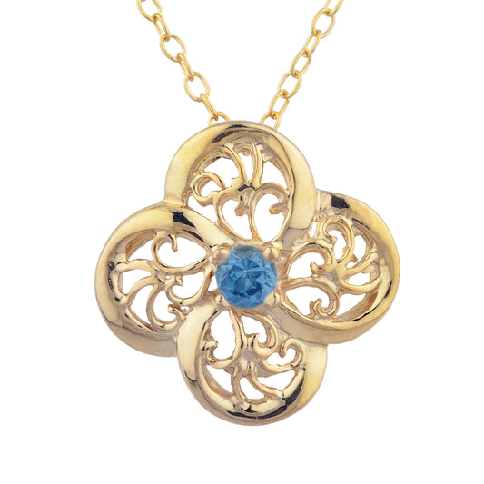 14Kt Gold London Blue Topaz Clover Design Pendant Necklace