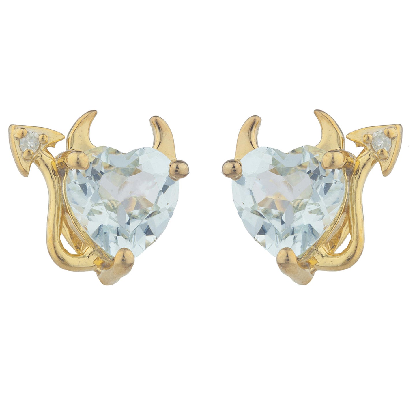 14Kt Gold Aquamarine & Diamond Devil Heart Stud Earrings