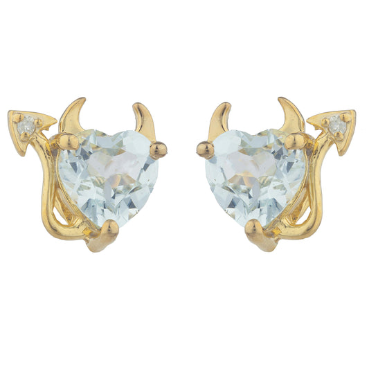 14Kt Gold Aquamarine & Diamond Devil Heart Stud Earrings