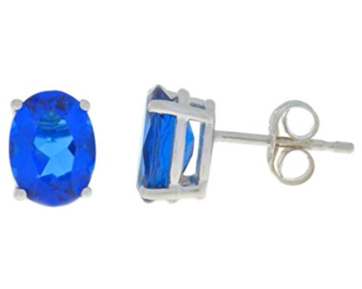 1 Carat Created Blue Sapphire Oval Stud Earrings .925 Sterling Silver