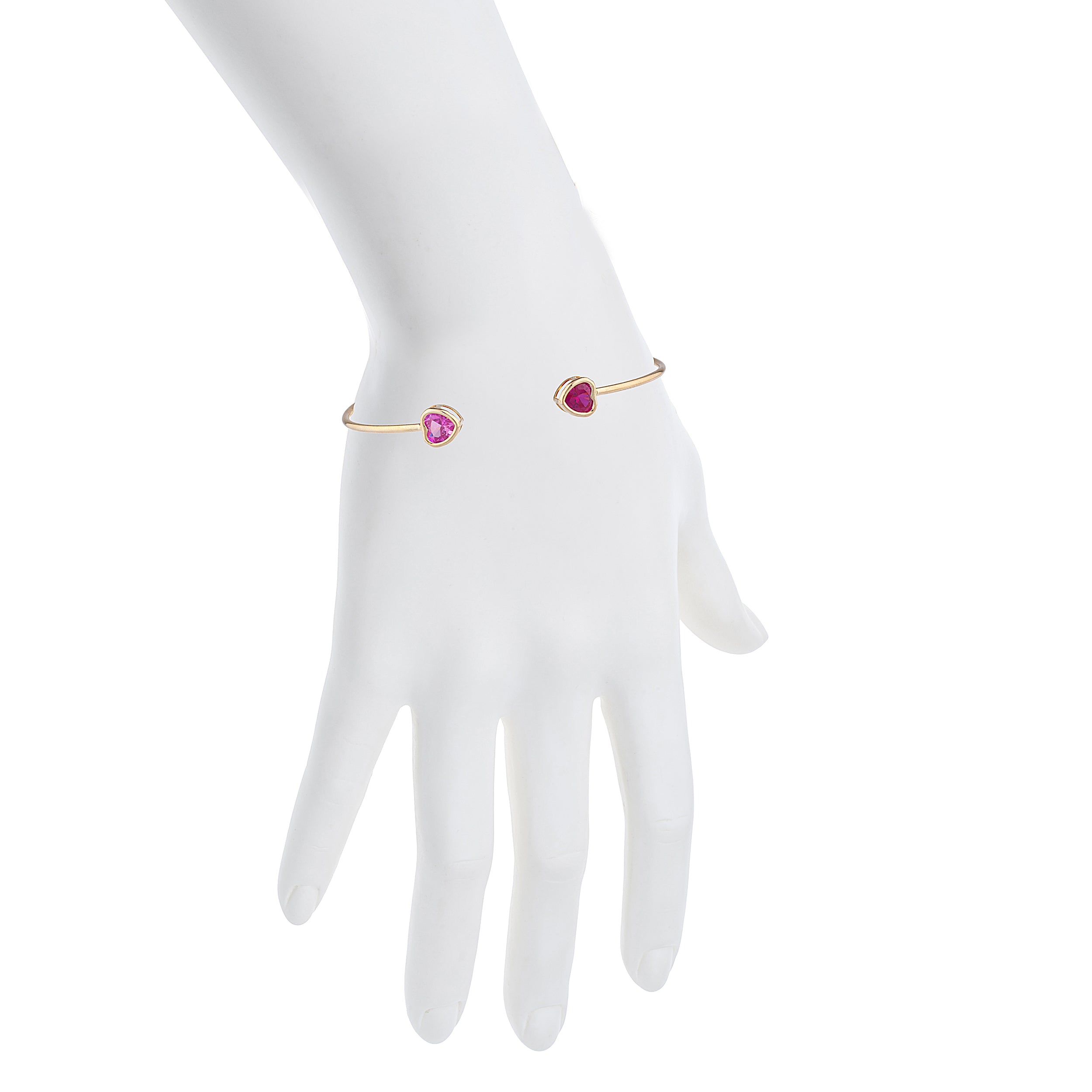 14Kt Gold Created Ruby & Pink Sapphire Heart Bezel Bangle Bracelet