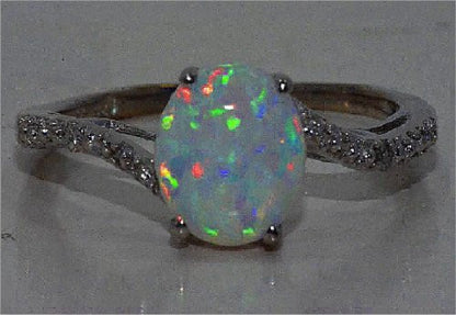 14Kt White Gold Opal & Diamond Round Ring