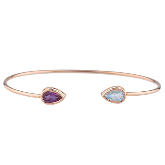 Aquamarine & Alexandrite Pear Bezel Bangle Bracelet 14Kt Rose Gold Plated Over .925 Sterling Silver