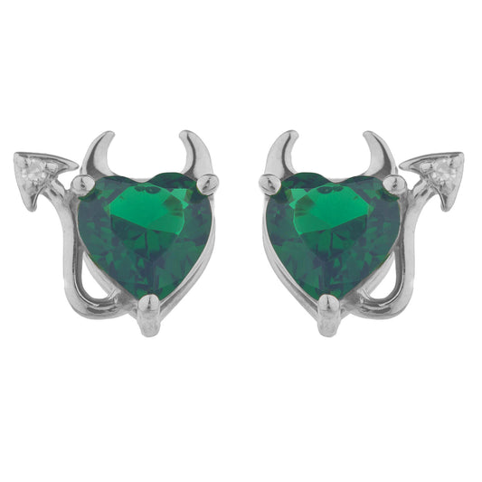 2 Ct Emerald & Diamond Devil Heart Stud Earrings 14Kt White Gold