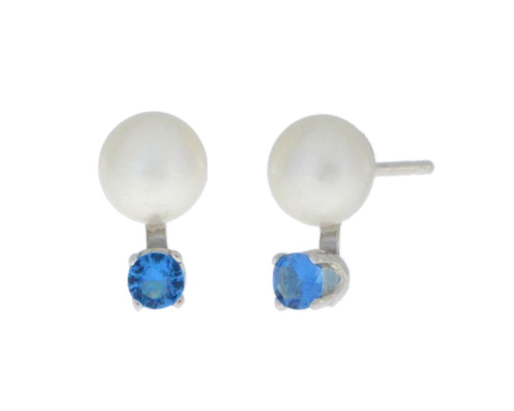 3mm Blue Topaz & White Pearl Stud Earrings .925 Sterling Silver