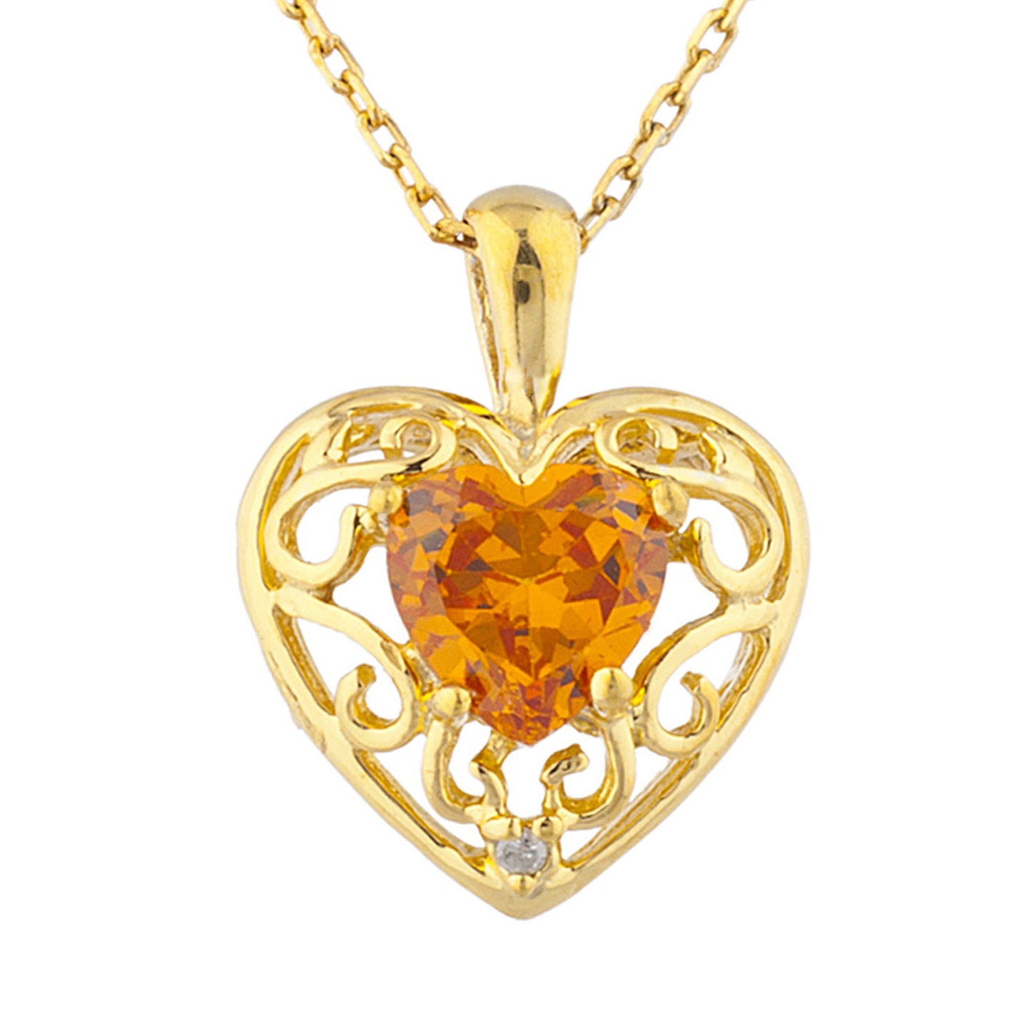 14Kt Gold Orange Citrine & Diamond Heart LOVE ENGRAVED Pendant Necklace