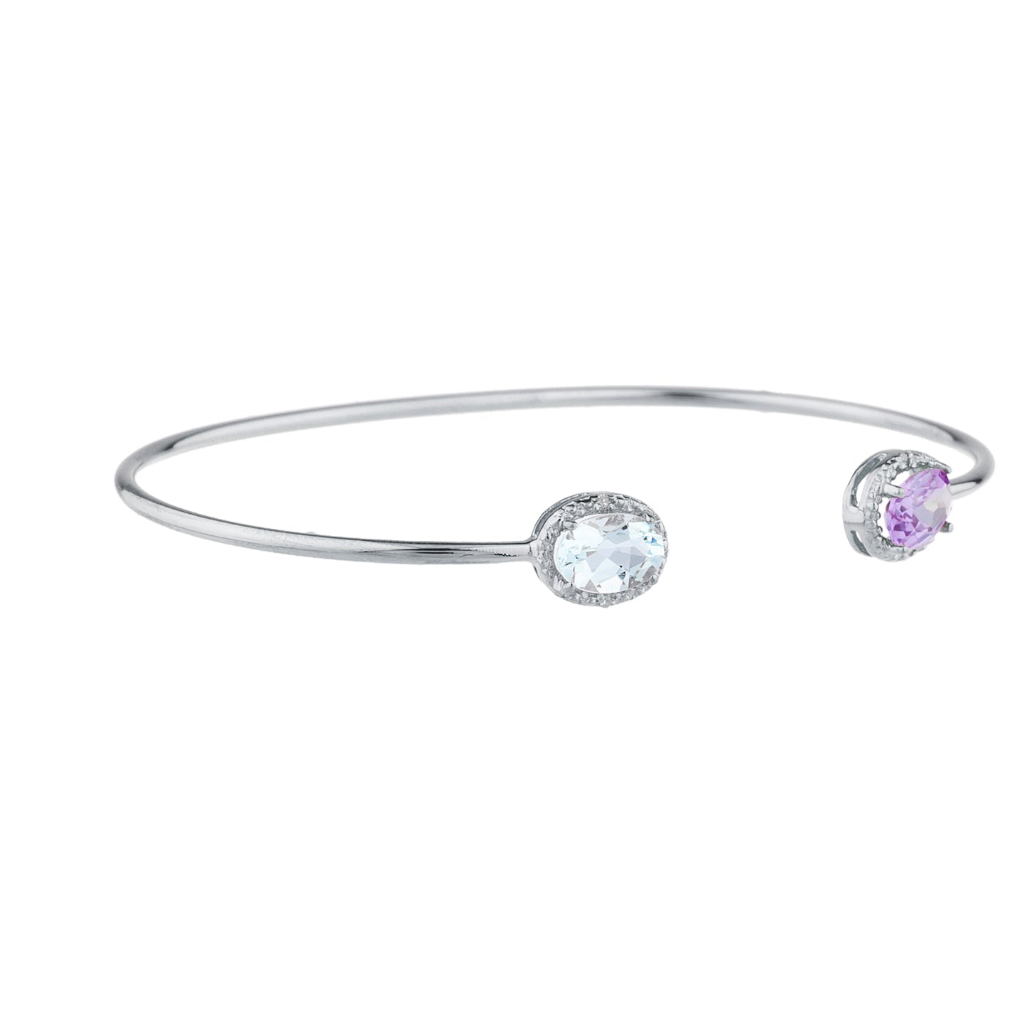 14Kt Gold Genuine Aquamarine & Amethyst Diamond Oval Bangle Bracelet